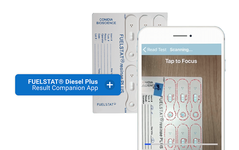 Smartphone using the FUELSTAT app to scan a fuel contamination test for results
